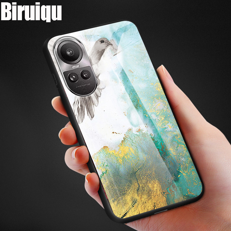 biruiqu-เคสกระจกนิรภัย-ลายหินอ่อน-กันกระแทก-สําหรับ-oppo-reno-10-10-pro-10-pro-plus