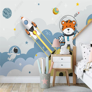 วอลล์เปเปอร์ติดผนัง ลายการ์ตูนดาวเคราะห์อวกาศ เพ้นท์มือ สําหรับเด็กผู้ชาย ห้องนอนเด็กอนุบาล