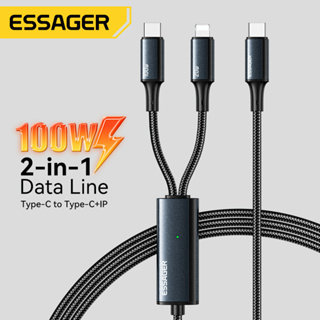 Essager J 100W 2 In 1 สายชาร์จข้อมูล แบบชาร์จเร็ว เหมาะสําหรับพอร์ต Type C และพอร์ต IP