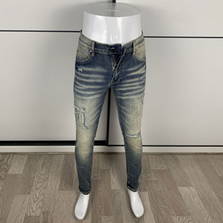 AMIRI Street Fashion Men Jeans Vintage Grey Blue Tight Patched High Quality Men Hip Hop Denim Pants