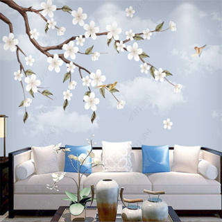 วอลล์เปเปอร์ติดผนัง ลายดอกไม้ สีขาว มีกาวในตัว สไตล์จีน สําหรับห้องนั่งเล่น ห้องนอน ห้องรับประทานอาหาร พื้นหลังทีวี
