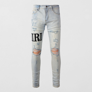 High Street Fashion AMIRI Men Jeans Vintage Light Blue Perforated Letter Printed Logo High Quality Men Hip Hop Denim Pants