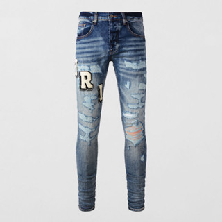 High Street Fashion AMIRI Men Jeans Blue Vintage Tight and Perforated Print Logo High Quality Men Trendy Denim Pants