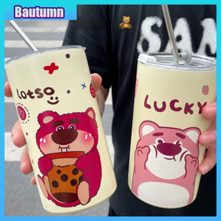 Bautumn LOTSO 304แก้วน้ำสแตนเลส ย์แก้วหมีสตอเบอรี่ ความจุขนาดใหญ่ ความเรียบง่าย น่ารัก ถ้วยความร้อน ถ้วยลาเต้