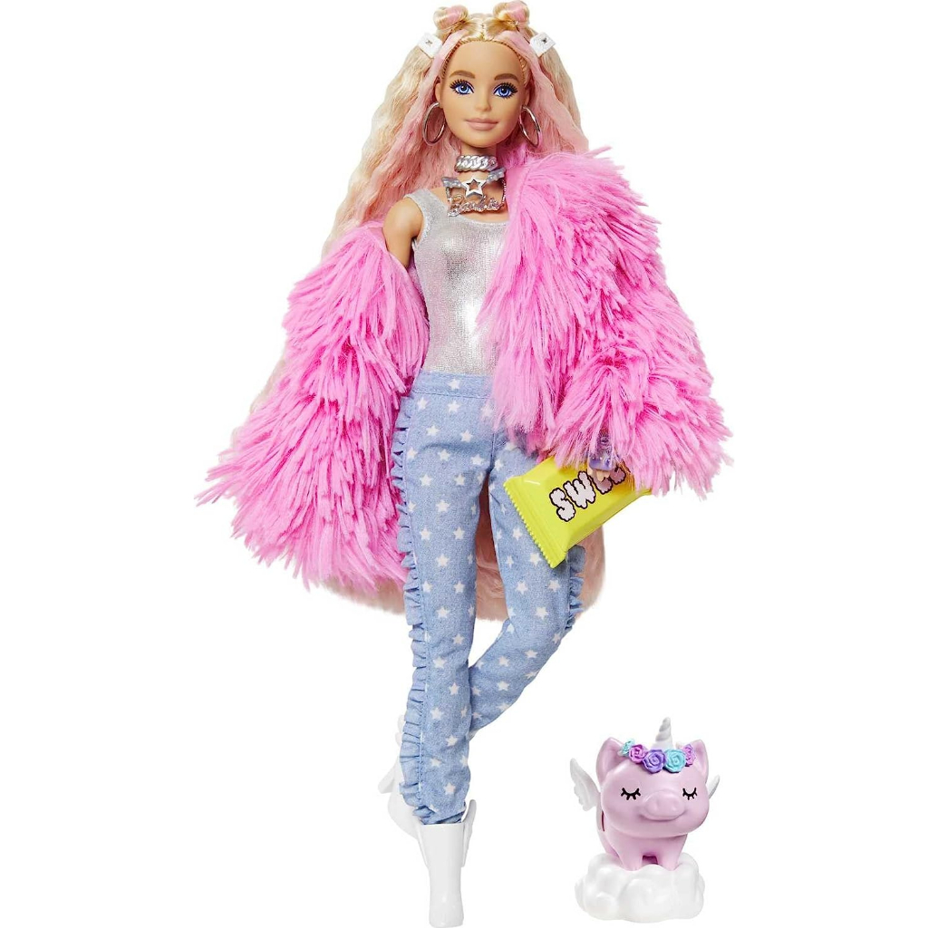 barbie-extra-doll-amp-accessories-with-pink-streaked-blonde-crimped-hair-in-fluffy-pink-coat-with-pet-unicorn-pig-grn28-ตุ๊กตาบาร์บี้-ขนปุย-สีชมพู-และยูนิคอร์นหมู-grn28
