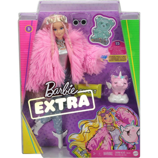 Barbie Extra Doll &amp; Accessories with Pink-Streaked Blonde Crimped Hair in Fluffy Pink Coat with Pet Unicorn-Pig GRN28 ตุ๊กตาบาร์บี้ ขนปุย สีชมพู และยูนิคอร์นหมู GRN28