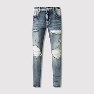 Street Fashion AMIRI Men Jeans Blue Vintage White Patch High Street Fashion Hip Hop Men Denim Pants