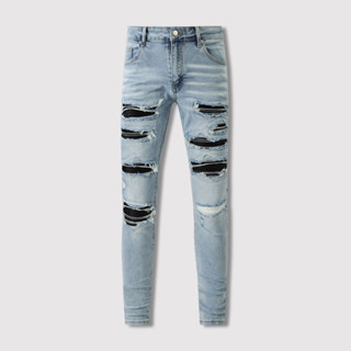 Street Fashion AMIRI Men Jeans Light Blue Tight Leather Patch Vintage Fashion High Quality Men Denim Pants