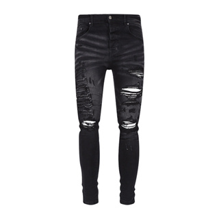 Street Fashion AMIRI Men Jeans Black Vintage Tight and Perforated Print Logo Hip Hop High Quality Men Denim Pants