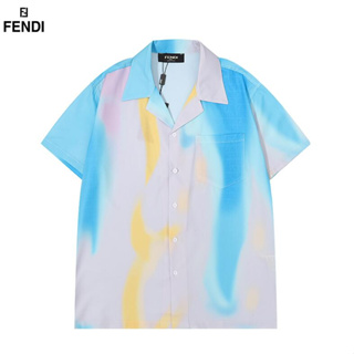 Fend1 เสื้อเชิ้ตแขนสั้น ผ้าฝ้าย พิมพ์ลาย มีสไตล์ คอปกพับ สําหรับทุกเพศ