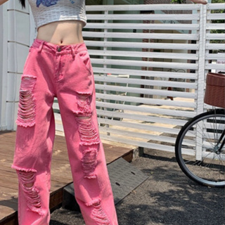 [WUYUE] กางเกงยีนขากว้าง เอวสูง ทรงตรง ทรงหลวม ขนาดใหญ่ สีชมพู แฟชั่นฤดูร้อน สไตล์เกาหลี สําหรับผู้หญิง