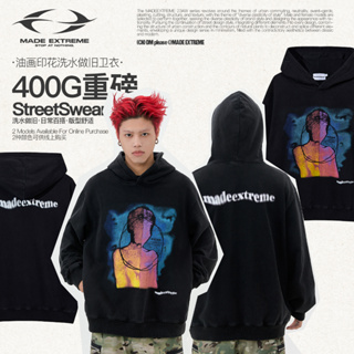 Madeextreme เสื้อกันหนาว มีฮู้ด ทรงหลวม พิมพ์ลายจิงโจ้ ภาพวาดสีน้ํามัน 400 กรัม สไตล์สตรีท ย้อนยุค ฤดูใบไม้ร่วง ฤดูหนาว สําหรับผู้ชาย Y2K BLACKAIR