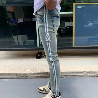 TRENDAMIRI กางเกงยีนส์สตรีทแฟชั่นคุณภาพสูงของผู้ชาย Vintage Blue Skinny White Line เทคนิคการตกแต่ง Hip Hop Man Vintage Jeans