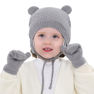 หมวกบีนนี่ ให้ความอบอุ่น ป้องกันหู สีพื้น แฟชั่นฤดูหนาว สําหรับเด็กวัยหัดเดิน อายุ 1-4 ปี