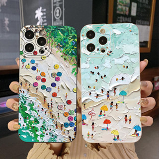 เคสโทรศัพท์มือถือ ขอบสี่เหลี่ยม ลายภาพวาดสีน้ํามัน รูปชายหาด สําหรับ iPhone 14 Plus 13 Pro Max 12 iPhone 11 XR 8 7 SE 2022