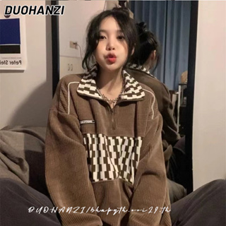 Duohanzi เสื้อกันหนาว แขนยาว ทรงหลวม มีซิป สไตล์อเมริกัน สําหรับผู้หญิง