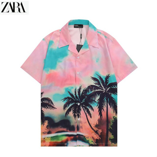 Zara เสื้อเชิ้ตแขนสั้น ผ้าฝ้าย พิมพ์ลาย มีสไตล์ คอปกพับ สําหรับทุกเพศ