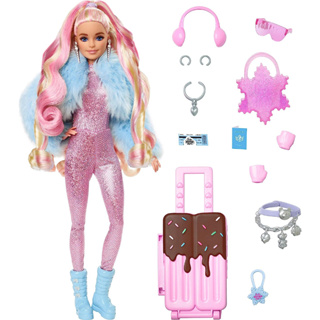 Barbie Extra Fly Doll with Snow-Themed Travel Clothes &amp; Accessories, Sparkly Pink Jumpsuit &amp; Faux Fur Coat HPB16 ชุดจั๊มสูท แต่งขนเฟอร์เทียม สีชมพู สําหรับตุ๊กตาบาร์บี้ HPB16