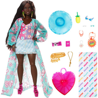 Barbie Extra Fly Doll with Beach-Themed Travel Clothes &amp; Accessories, Tropical Coverup with Oversized Hat &amp; Bag HPB14 ผ้าคลุมตุ๊กตาบาร์บี้ ธีมชายหาด ขนาดใหญ่ พร้อมหมวก และกระเป๋า HPB14