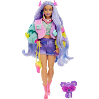 Barbie Extra Doll &amp; Accessories with Wavy Lavender Hair in Colorful Butterfly Sweater &amp; Pink Boots with Pet Koala HKP95 ตุ๊กตาบาร์บี้ และเครื่องประดับ พร้อมขนลาเวนเดอร์ และรองเท้าบูท สีชมพู สําหรับสัตว์เลี้ยง Koala HKP95