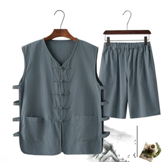 เสื้อกล้ามลําลอง ผ้าฝ้าย และผ้าลินิน และกางเกงขาสั้น สไตล์จีนโบราณ พลัสไซซ์ สําหรับผู้ชาย 2023