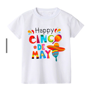 เสื้อยืดแขนสั้น พิมพ์ลาย Happy Cinco De Mayo สีขาว แฟชั่นฤดูร้อน สําหรับเด็ก