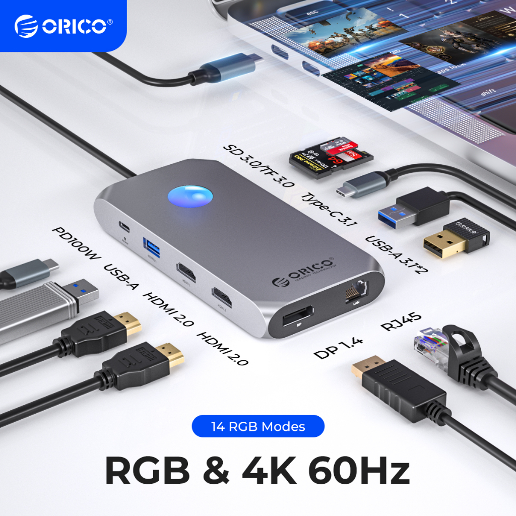 Orico RGB USB C Docking Station 4K60Hz Dual HDMI เข้ากันได้กับ VGA