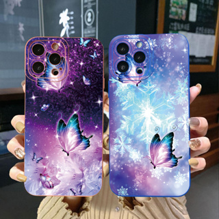 เคสโทรศัพท์มือถือ ขอบสี่เหลี่ยม ลายผีเสื้อหิมะ สําหรับ iPhone 14 Plus 13 Pro Max 12 iPhone 11 XR 8 7 SE 2022