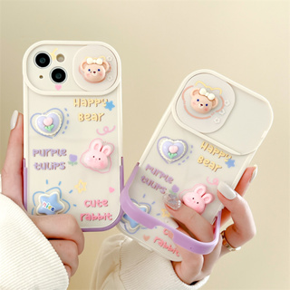 เคสโทรศัพท์มือถือแบบนิ่ม TPU กันกระแทก ลายกระต่าย หมี พร้อมตัวยึด หน้าต่างบานเลื่อน แฟชั่นหรูหรา สําหรับ iPhone Apple 11 12 13 14 Pro Max Plus