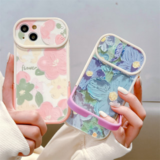 เคสโทรศัพท์มือถือแบบนิ่ม TPU กันกระแทก ลายภาพวาดสีน้ํามัน รูปดอกไม้ พร้อมตัวยึดติดหน้าต่างบานเลื่อน แฟชั่นหรูหรา สําหรับ iPhone Apple 11 12 13 14 Pro Max Plus