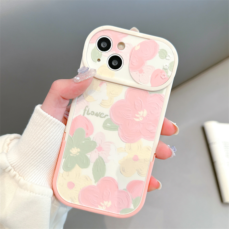 เคสโทรศัพท์มือถือแบบนิ่ม-tpu-กันกระแทก-ลายภาพวาดสีน้ํามัน-รูปดอกไม้-พร้อมตัวยึดติดหน้าต่างบานเลื่อน-แฟชั่นหรูหรา-สําหรับ-iphone-apple-11-12-13-14-pro-max-plus