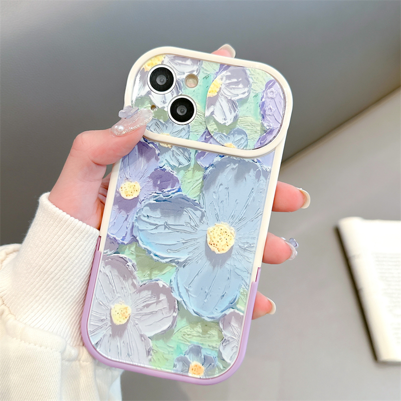 เคสโทรศัพท์มือถือแบบนิ่ม-tpu-กันกระแทก-ลายภาพวาดสีน้ํามัน-รูปดอกไม้-พร้อมตัวยึดติดหน้าต่างบานเลื่อน-แฟชั่นหรูหรา-สําหรับ-iphone-apple-11-12-13-14-pro-max-plus