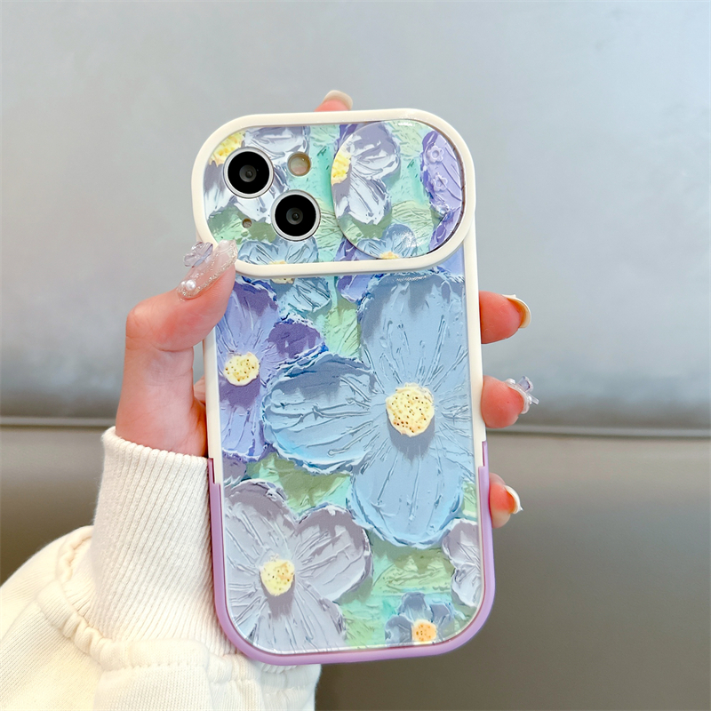 เคสโทรศัพท์มือถือแบบนิ่ม-tpu-กันกระแทก-ลายภาพวาดสีน้ํามัน-รูปดอกไม้-พร้อมตัวยึดติดหน้าต่างบานเลื่อน-แฟชั่นหรูหรา-สําหรับ-iphone-apple-11-12-13-14-pro-max-plus