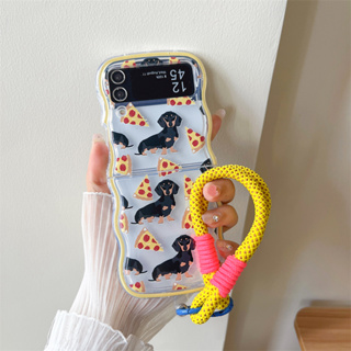 เคสโทรศัพท์มือถือแบบนิ่ม กันกระแทก ลายพิซซ่า สุนัขน่ารัก พร้อมสายโซ่คล้อง สําหรับ Samsung Galaxy Z Flip5 Flip 5 Z Flip 3 Flip 4 5G