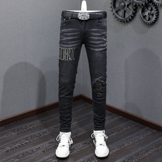 Street Fashion AMIRI Men Jeans Vintage Black Elastic Tight Fit Perforated Leather Patch Logo Print High Quality Trendy Men Denim Pants