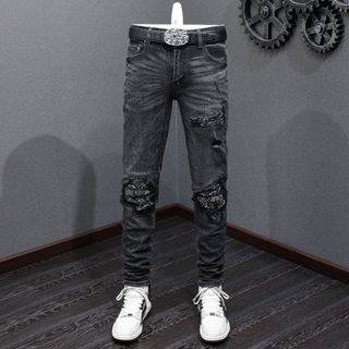 Street Fashion AMIRI Men Jeans Vintage Black Grey Cashew Flower Patch Hip Hop Trend Men Vintage Jeans