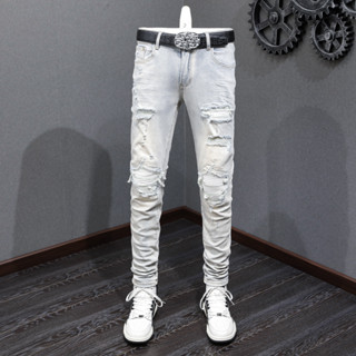 Street Fashion AMIRI Men Jeans Light Retro Tight White Patched High Quality Hip Hop Trend Casual Men Denim Pants