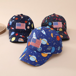หมวกเบสบอล พิมพ์ลายธงอเมริกัน ดาวเคราะห์ สีดํา แฟชั่นฤดูใบไม้ผลิ ฤดูใบไม้ร่วง สําหรับเด็กผู้ชาย และเด็กผู้หญิง 2-6 ปี