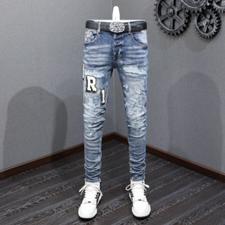 Street Fashion AMIRI Men Jeans Blue Vintage Tight Panel Printing Technology Button Front Design High Quality Men Jeans