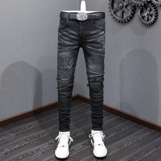 Street Fashion AMIRI Men Jeans Vintage Black Grey Tight Beaded Decorative Patch Logo Button Front Design High Quality Men Hip Hop Jeans