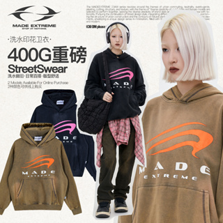 Madeextreme เสื้อกันหนาว มีฮู้ดดี้ ทรงหลวม พิมพ์ลายโลโก้ EE มหาวิทยาลัย 400G Y2K แนวสตรีท แนวเรโทร ฤดูใบไม้ร่วง ฤดูหนาว สําหรับผู้ชาย