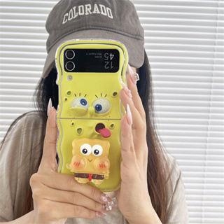 เคสโทรศัพท์มือถือแบบนิ่ม กันกระแทก ลายการ์ตูนสพันจ์บ็อบน่ารัก พร้อมสายโซ่คล้อง สําหรับ Samsung Galaxy Z Flip 5 Z Flip 3 Flip 4 5G