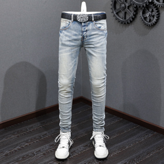 TRENDAMIRI High Street Fashion Man Jeans กางเกงยีนส์ Vintage Blue Skinny White Line เทคนิคการตกแต่ง Hip Hop Man Vintage Jeans