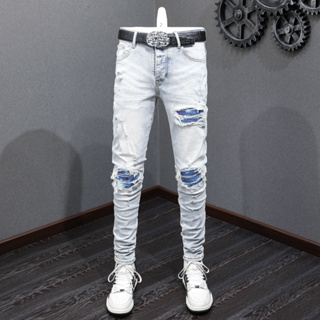 Street Fashion Amiri Men Jeans Light Blue Slim Fit Blue Patch Splicing Technology Button Front Design High Quality Hip Hop Fashion Men Jeans