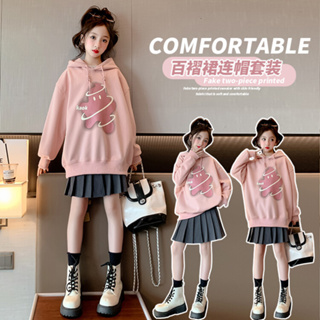 [พร้อมส่ง]เด็กหญิงอายุ 3-14 ปีชุดเด็กเสื้อคลุมสีชมพูเสื้อยืดสีเทากระโปรงจีบสาวสาวการ์ตูนการ์ตูนพิมพ์กระโปรงด้านบนกระโปรงสองชิ้น