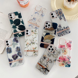 เคสโทรศัพท์มือถือ PC TPU ใส กันกระแทก ลายดอกไม้ ใบไม้ สําหรับ iPhone 15 Pro Max 15 Plus 12 Pro Max