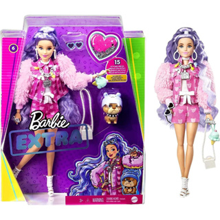 Barbie Extra Doll &amp; Accessories with Long Periwinkle Hair, Teddy Bear-Print Denim Jacket, Matching Shorts &amp; Pet Puppy GXF08 เสื้อแจ็กเก็ตยีน พิมพ์ลายตุ๊กตาบาร์บี้ และลูกสุนัข ขนยาว สําหรับสัตว์เลี้ยง ลูกสุนัข GXF08