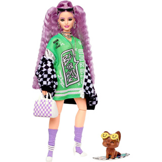 Barbie Extra Doll &amp; Accessories with Crimped Lavendar Hair &amp; Brown Eyes, 15 Toy Pieces Include Pet Puppy HHN10 ของเล่นตุ๊กตาบาร์บี้ ตาสีน้ําตาล ขนลาเวนดาร์ 15 ชิ้น HHN10