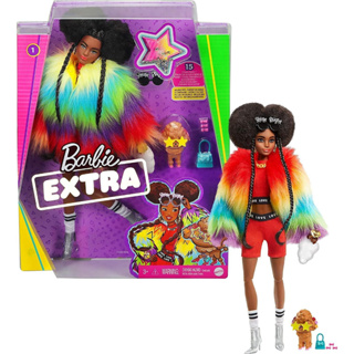 Barbie Extra Doll and Accessories with Afro-Puffs in Shaggy Rainbow Coat &amp; Athleisure Look with Pet Poodle GVR04 ตุ๊กตาบาร์บี้ พร้อมพัฟฟ์ สีรุ้ง อุปกรณ์เสริม สําหรับตุ๊กตาบาร์บี้ GVR04