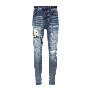 Amiri High Street Fashion Man Jeans สีน้ำเงินวินเทจบางพอดีเจาะรูพิมพ์โลโก้ Street Hip Hop กางเกงยีนส์ผู้ชายคุณภาพสูง